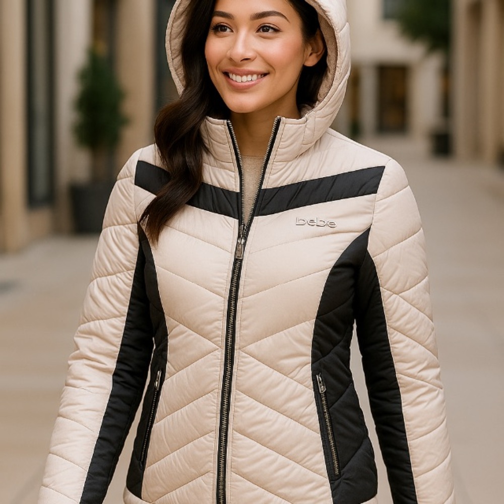 Bebe Colorblock Puffer Jacket with Hood – Beige & Black – Size L – NWT